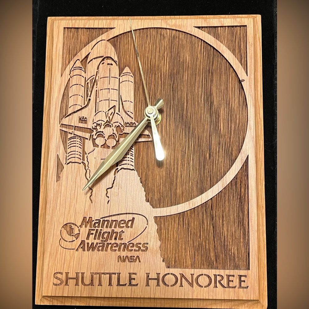 NASA Mannned Flight Awareness Wooden Shuttle Honoree Wall Clock Brown & Gold